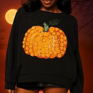 NWT Queen of Sparkles Black & Orange Flower Sequin Pumpkin Sweatshirt